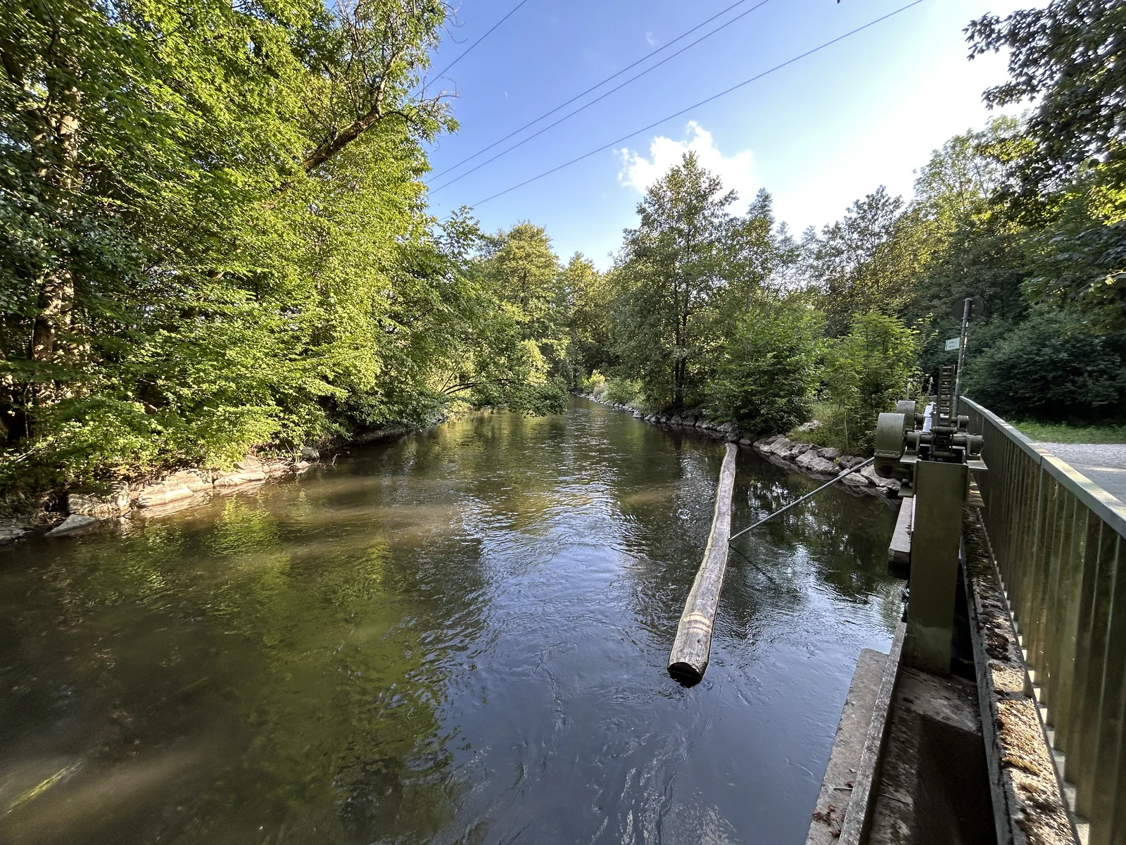 Fahrradbrücke und Sperrwehr an der Würm im Pasinger Stadtpark